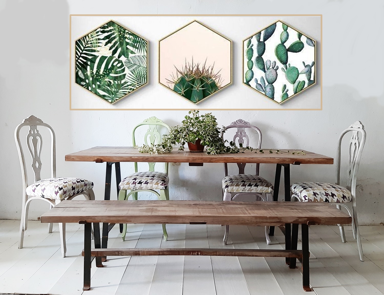 conjunto de mesa de comedor y banco en madera y forja a medida