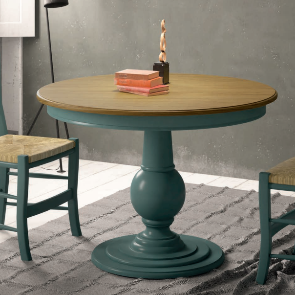 mesa de comedor redonda en madera y azul