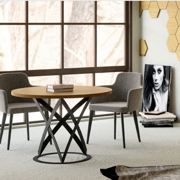 mesa de comedor redonda en madera y forja