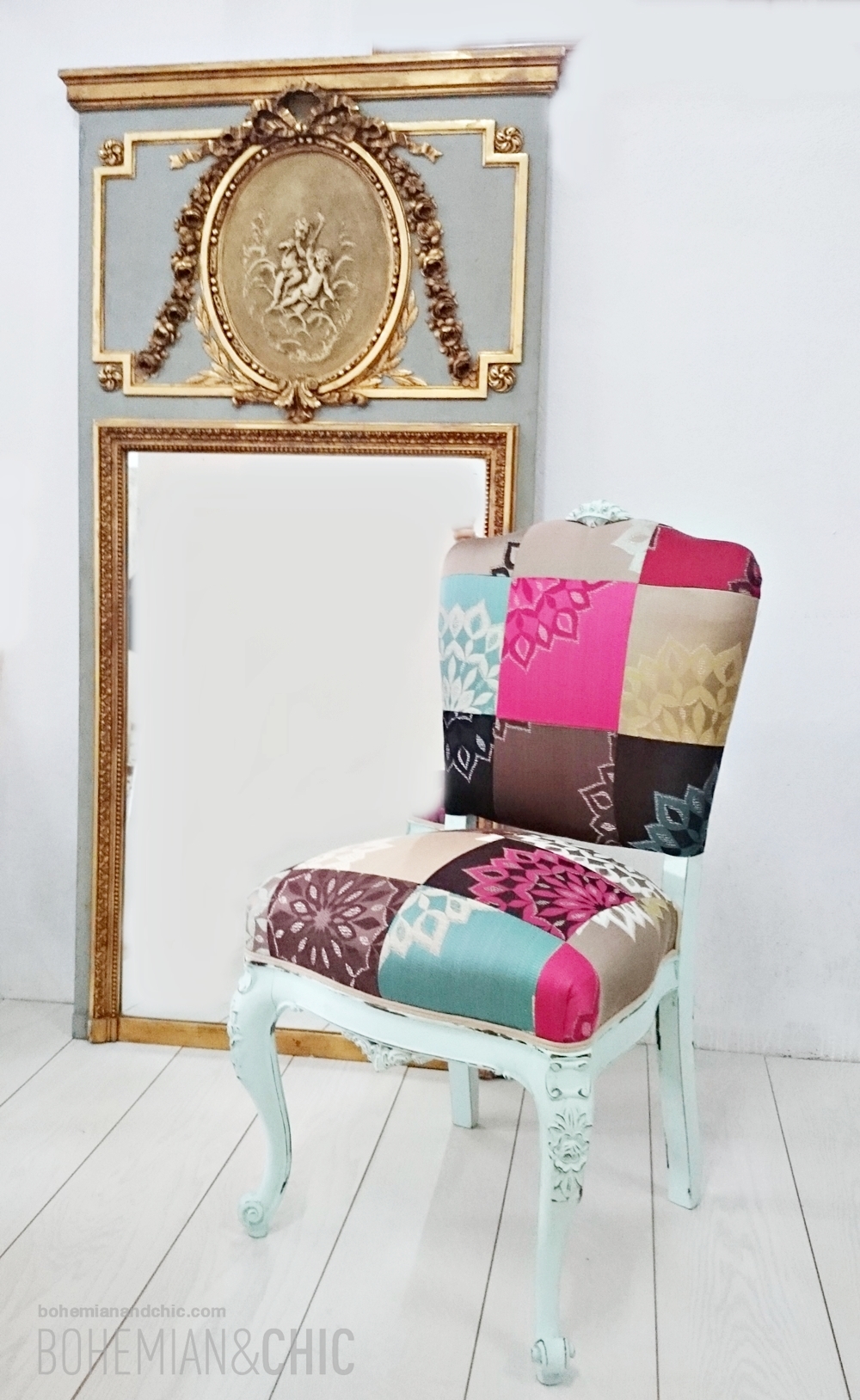 antes y después antigua silla descalzadora en mint y pachtwork